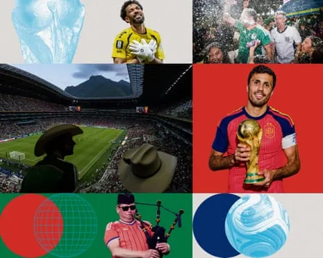 Composite image of Cape Verde's keeper Vozinha after his side’s draw against Spain; England and Mexico fans outside the Azteca; Spain’s captain, Rodri, with the World Cup trophy; a Scotland fan plays the bagpipes; the dazzling Monterrey Stadium.