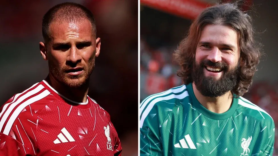 Alexis Mac Allister and Alisson during Liverpool's final game of the 2025-26 season