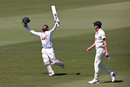 Tanzid Hasan celebrates scoring his maiden Test century for Bangladesh during the first Test against Australia